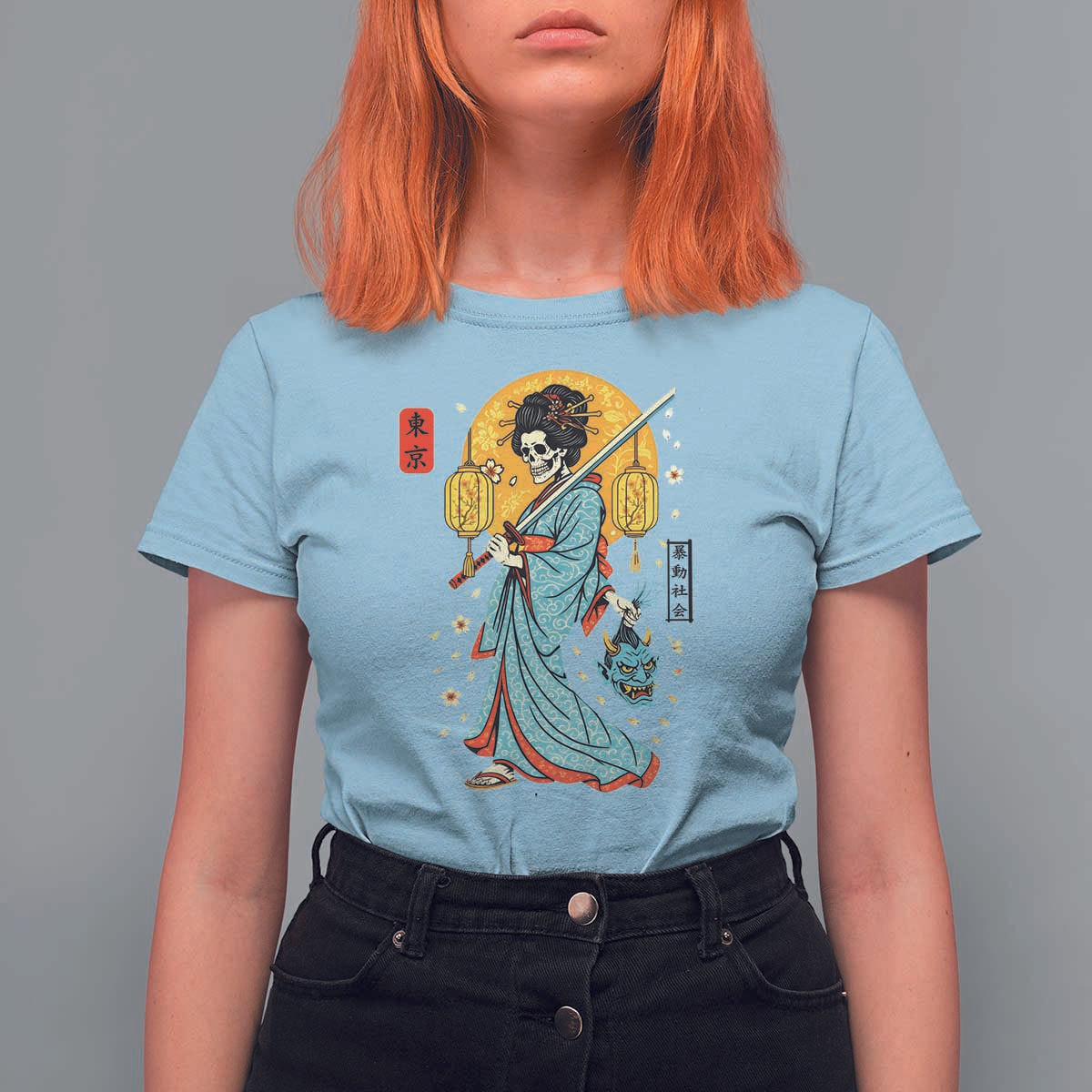 Gothic Samurai Geisha Skeleton T Shirt For Women Japanese Kimono And Katana - Wonder Print Shop