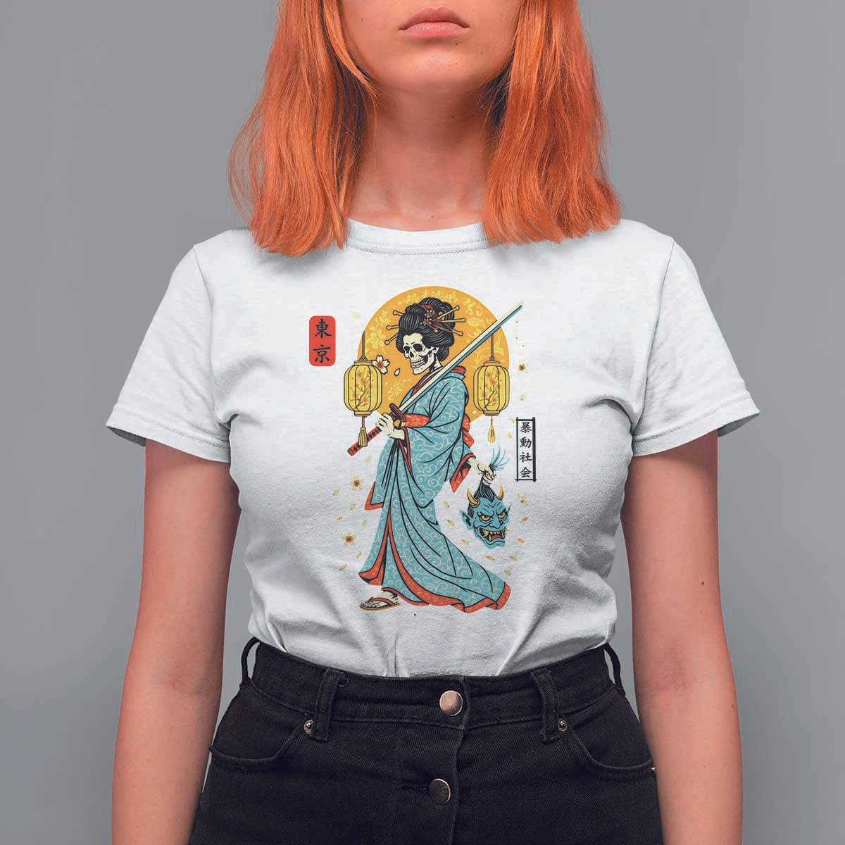 Gothic Samurai Geisha Skeleton T Shirt For Women Japanese Kimono And Katana - Wonder Print Shop