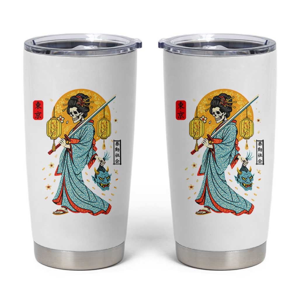Gothic Samurai Geisha Skeleton Tumbler Cup Japanese Kimono And Katana