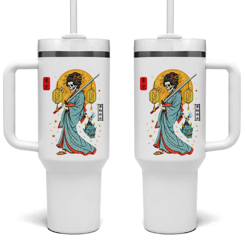 Gothic Samurai Geisha Skeleton Tumbler With Handle Japanese Kimono And Katana