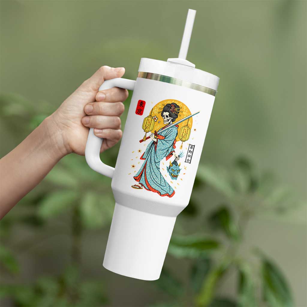 Gothic Samurai Geisha Skeleton Tumbler With Handle Japanese Kimono And Katana