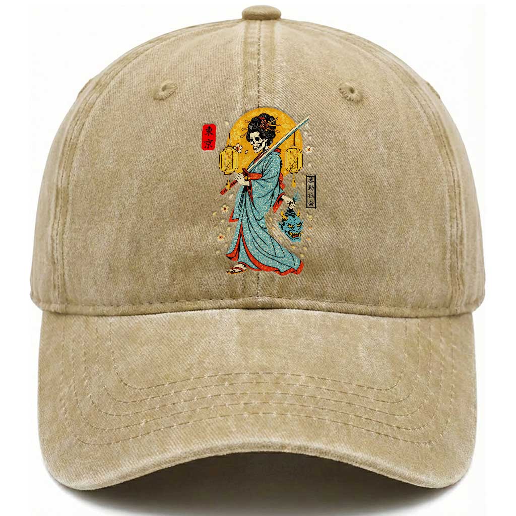 Gothic Samurai Geisha Skeleton Washed Cotton Baseball Cap Japanese Kimono And Katana