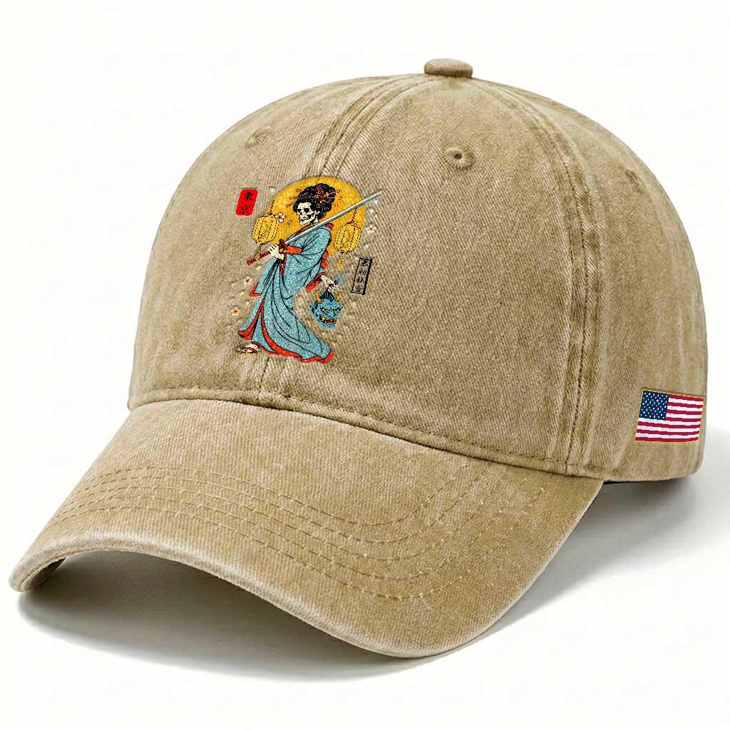 Gothic Samurai Geisha Skeleton Washed Cotton Baseball Cap Japanese Kimono And Katana