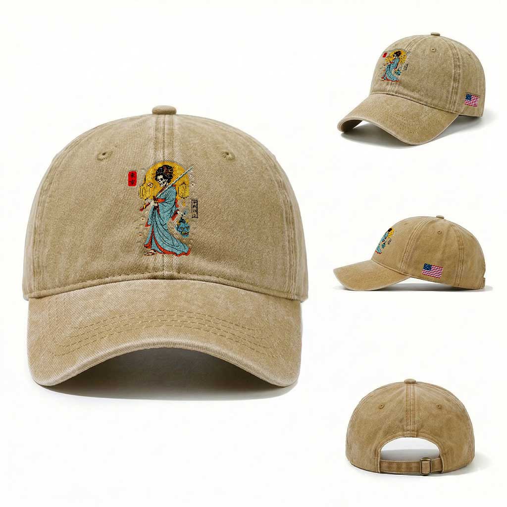 Gothic Samurai Geisha Skeleton Washed Cotton Baseball Cap Japanese Kimono And Katana