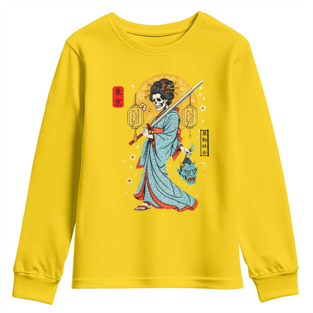Gothic Samurai Geisha Skeleton Youth Sweatshirt Japanese Kimono And Katana - Wonder Print Shop