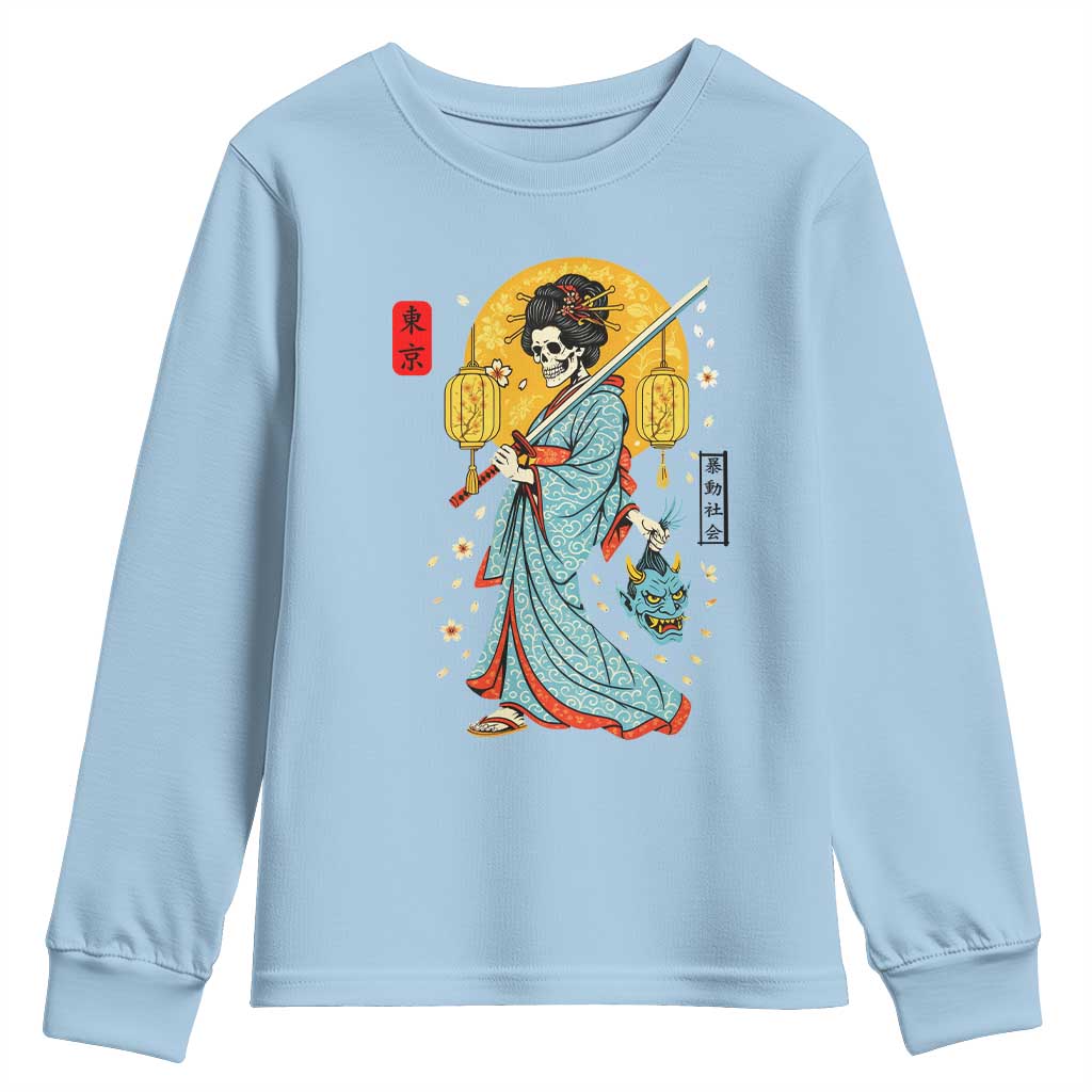 Gothic Samurai Geisha Skeleton Youth Sweatshirt Japanese Kimono And Katana - Wonder Print Shop