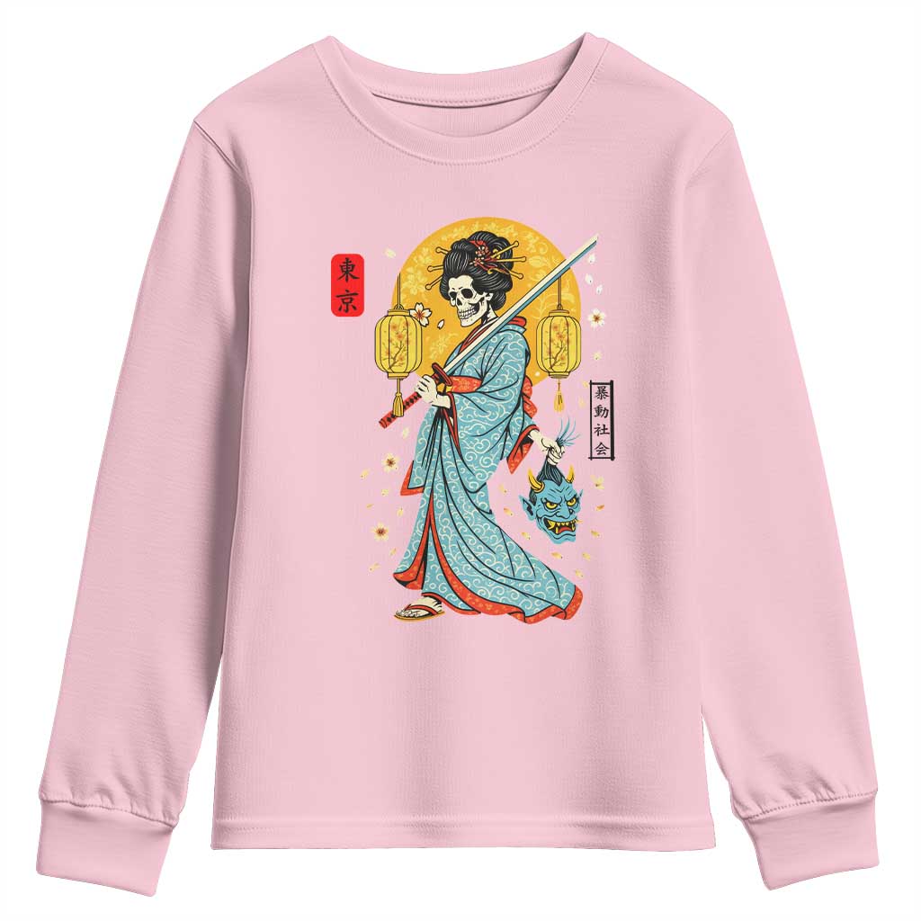 Gothic Samurai Geisha Skeleton Youth Sweatshirt Japanese Kimono And Katana - Wonder Print Shop