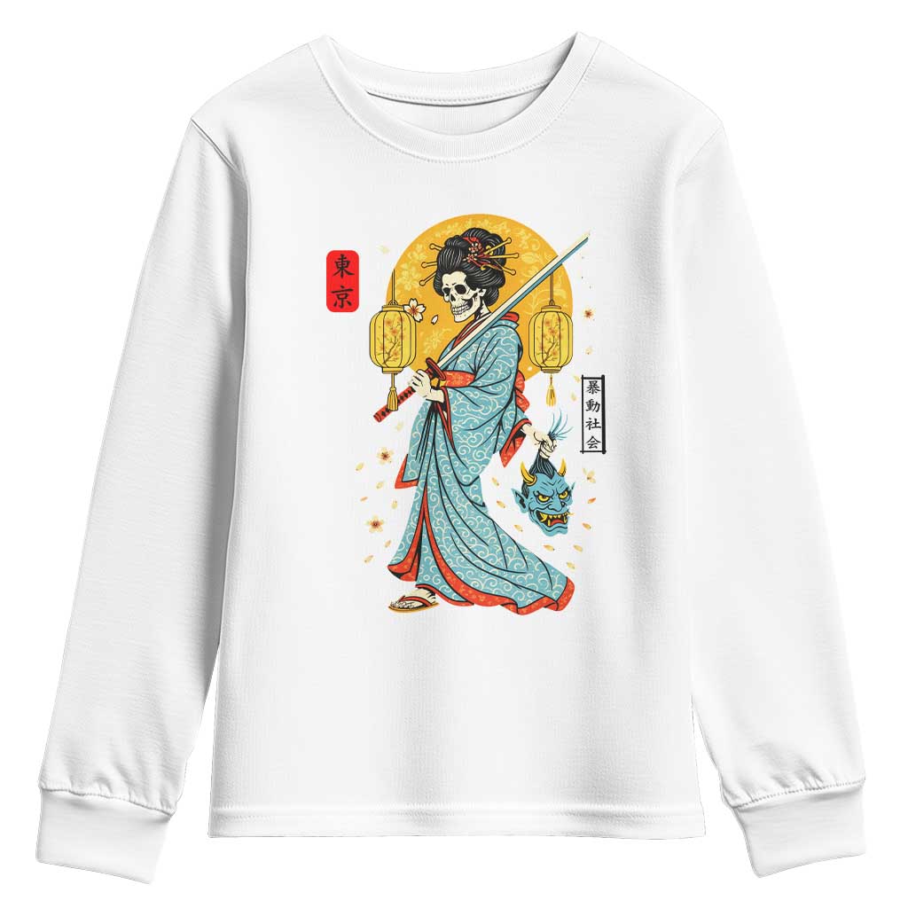 Gothic Samurai Geisha Skeleton Youth Sweatshirt Japanese Kimono And Katana - Wonder Print Shop