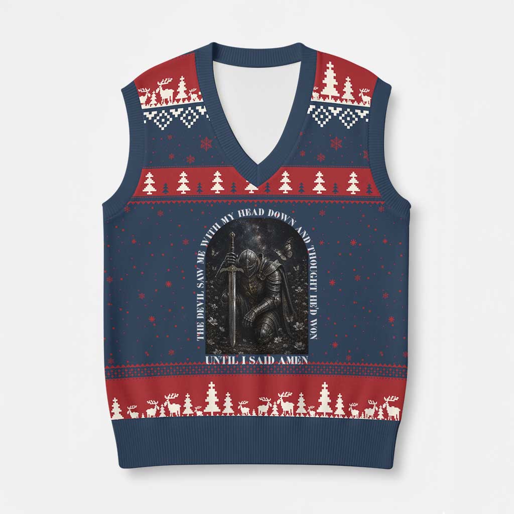 Christian Knight Templar Crusader V-Neck Knit Sweater Vest The Devil Saw Me With My Head Down And Thought He'd Won