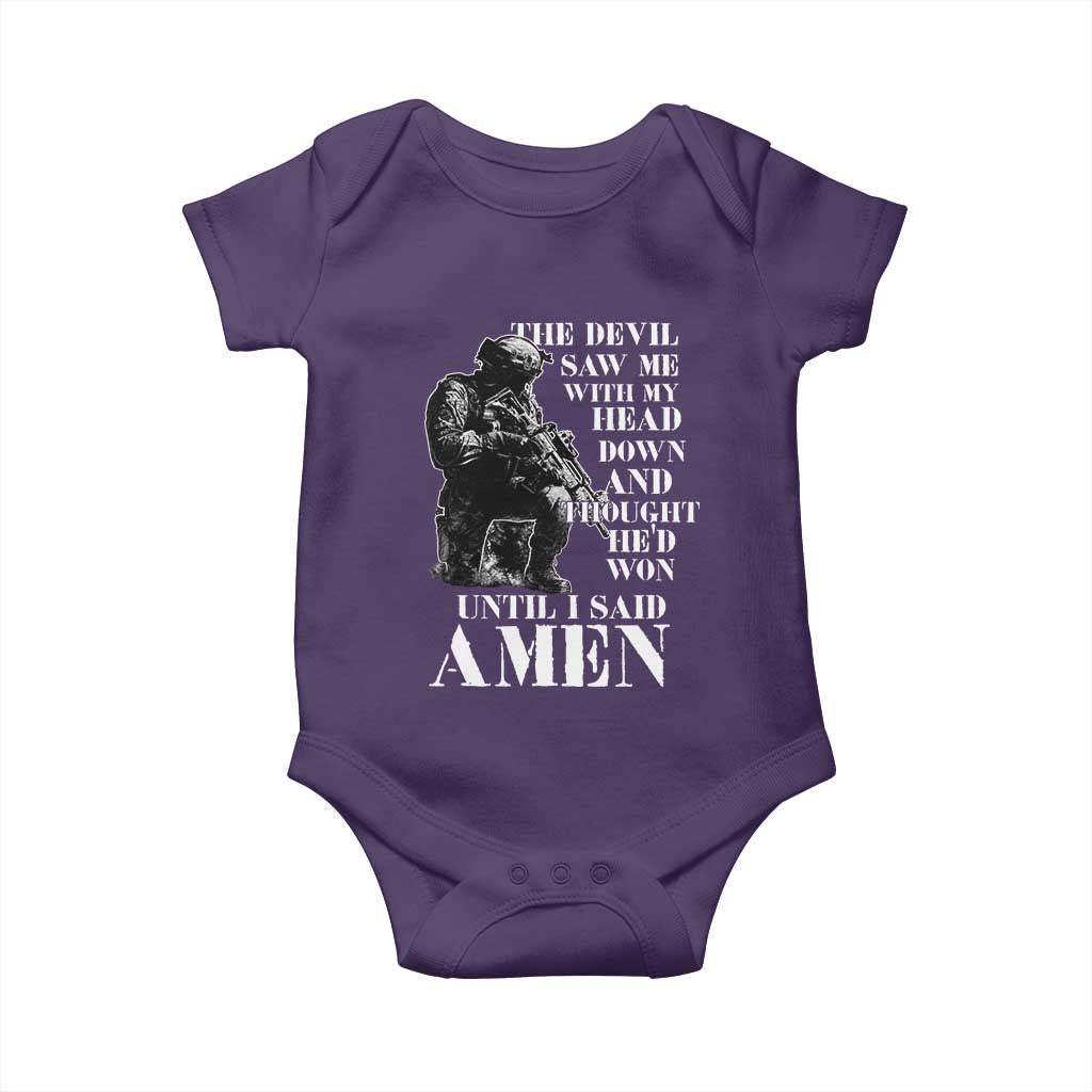 Military Christian Warrior Baby Onesie The Devil Saw Me With My Head Down And Thought He'd Won