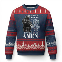 Military Christian Warrior Ugly Christmas Sweater The Devil Saw Me With My Head Down And Thought He'd Won