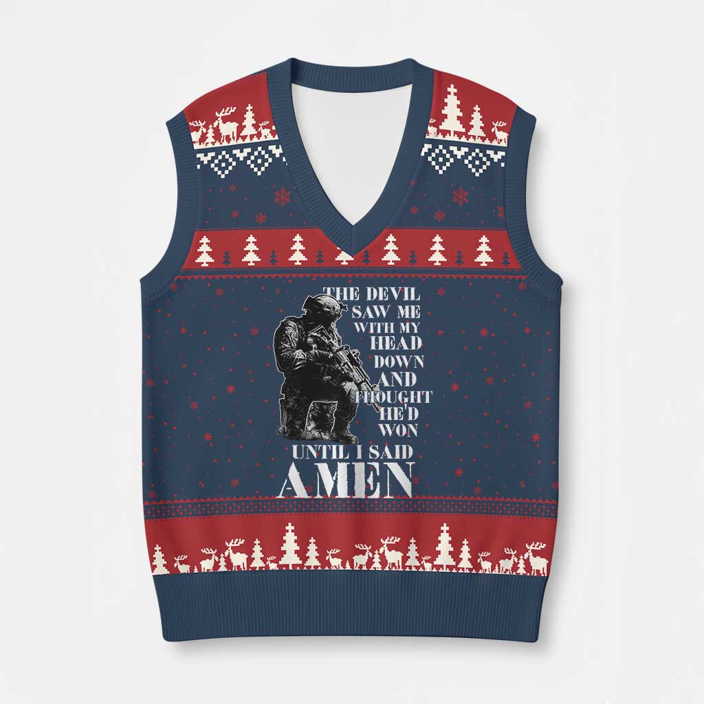 Military Christian Warrior V-Neck Knit Sweater Vest The Devil Saw Me With My Head Down And Thought He'd Won