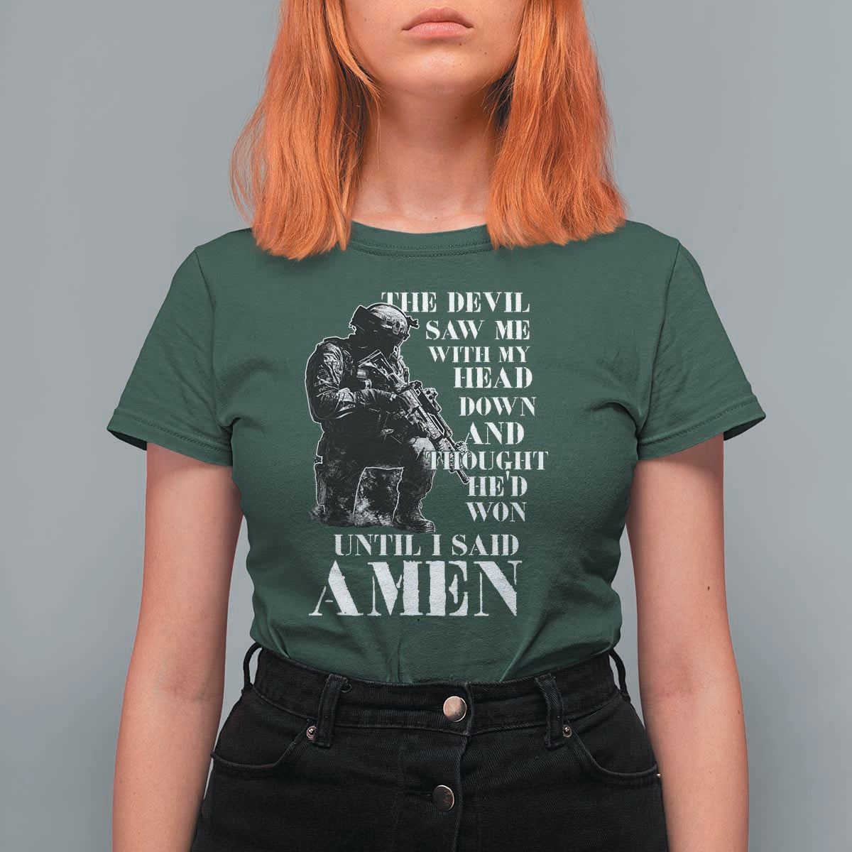 Military Christian Warrior T Shirt For Women The Devil Saw Me With My Head Down And Thought He'd Won