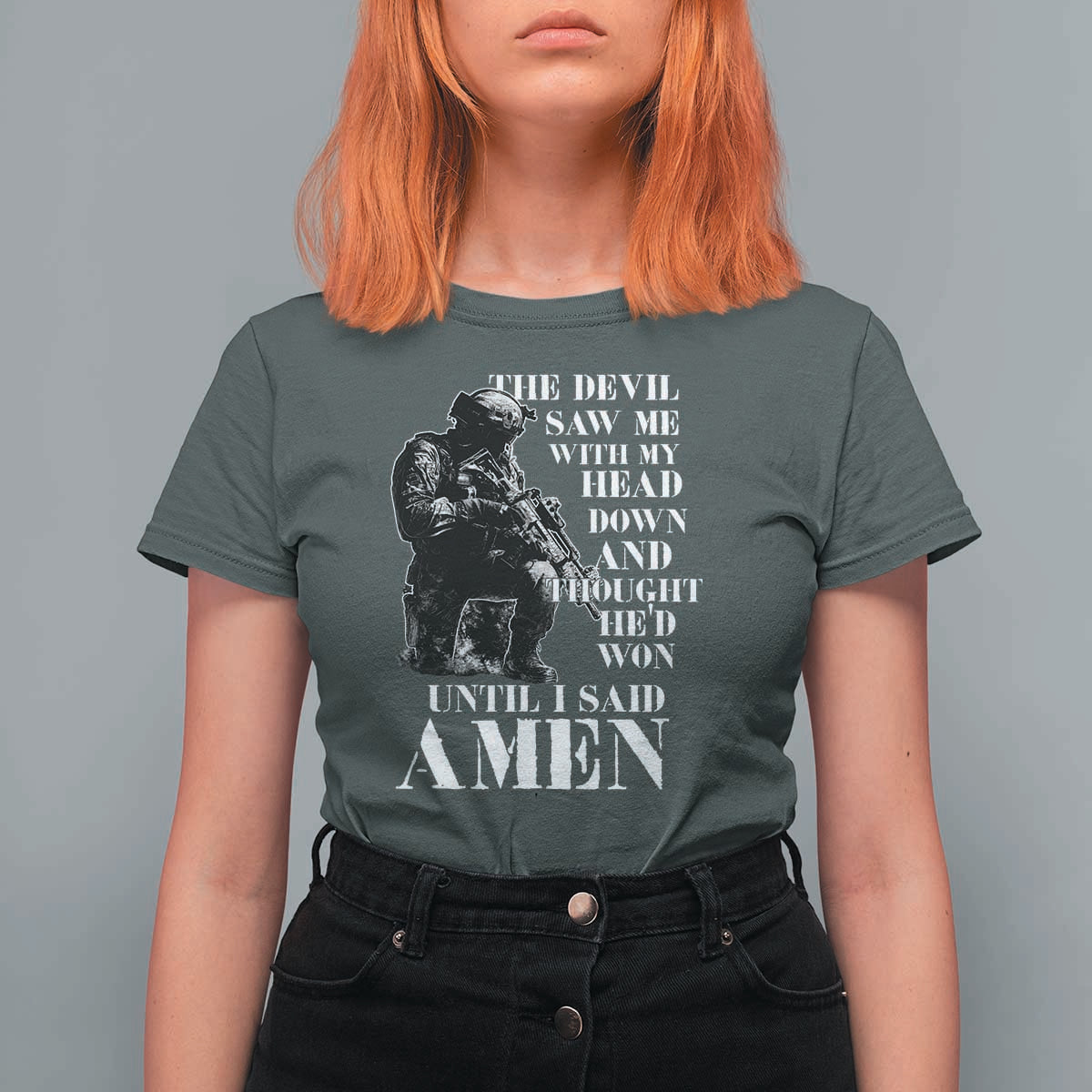Military Christian Warrior T Shirt For Women The Devil Saw Me With My Head Down And Thought He'd Won