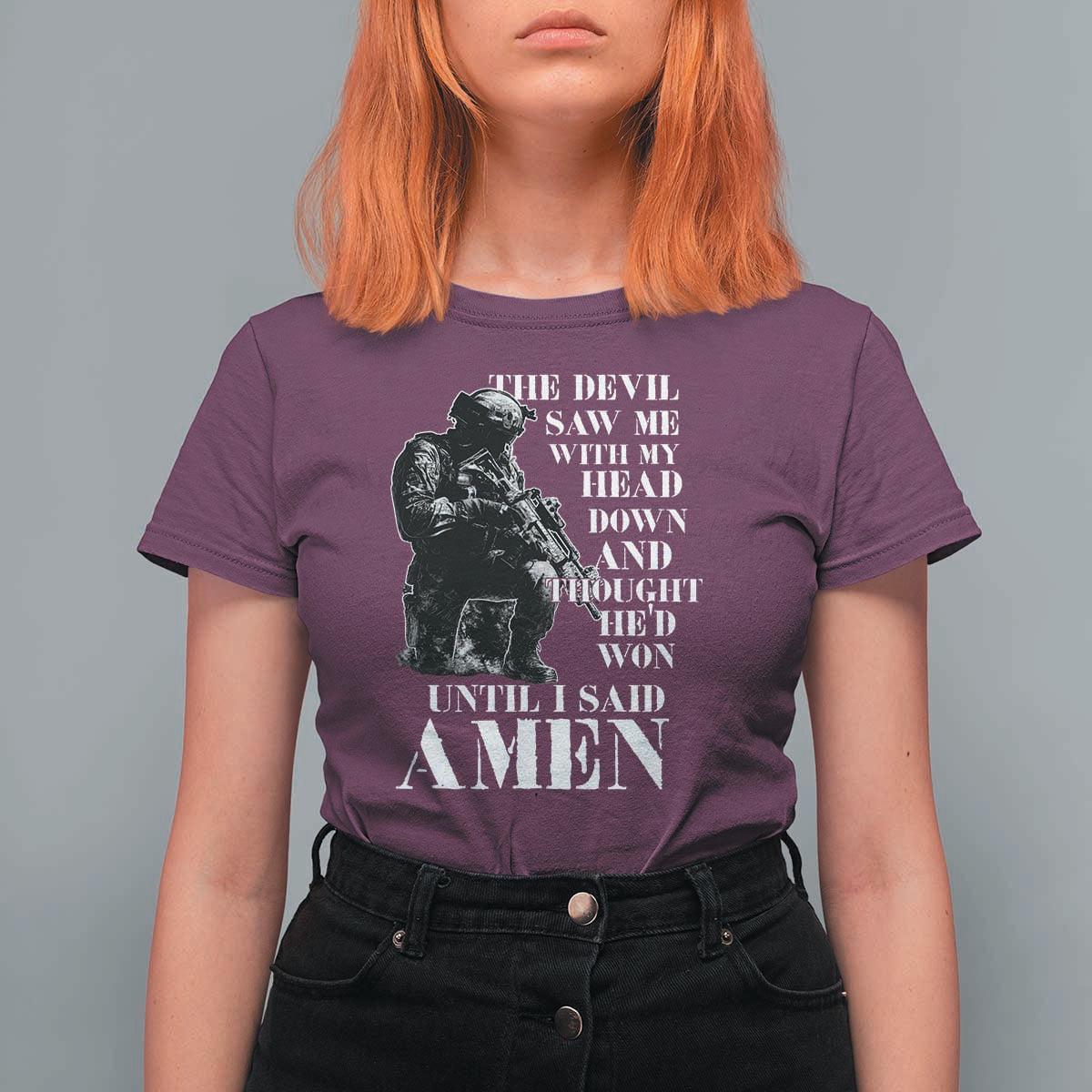 Military Christian Warrior T Shirt For Women The Devil Saw Me With My Head Down And Thought He'd Won