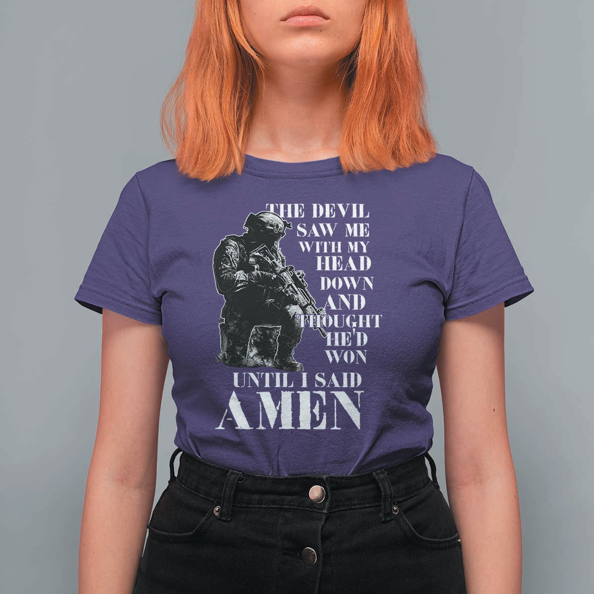 Military Christian Warrior T Shirt For Women The Devil Saw Me With My Head Down And Thought He'd Won