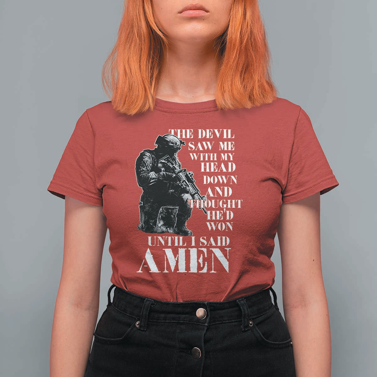Military Christian Warrior T Shirt For Women The Devil Saw Me With My Head Down And Thought He'd Won