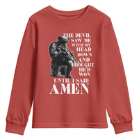 Military Christian Warrior Youth Sweatshirt The Devil Saw Me With My Head Down And Thought He'd Won