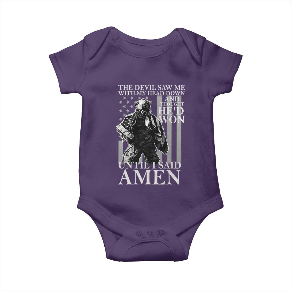 Military Soldier Skull Christian Faith Baby Onesie The Devil Saw Me With My Head Down And Thought He'd Won