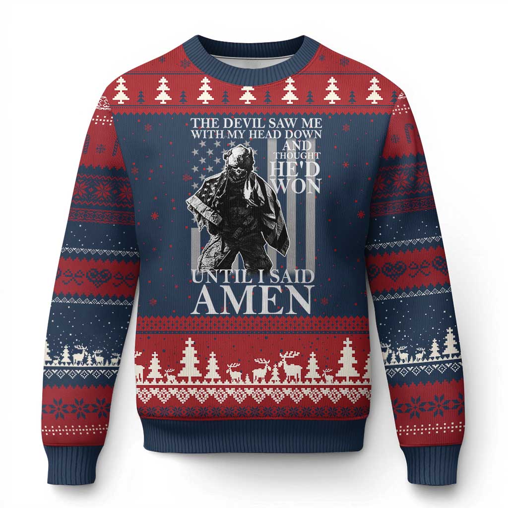 Military Soldier Skull Christian Faith Ugly Christmas Sweater The Devil Saw Me With My Head Down And Thought He'd Won