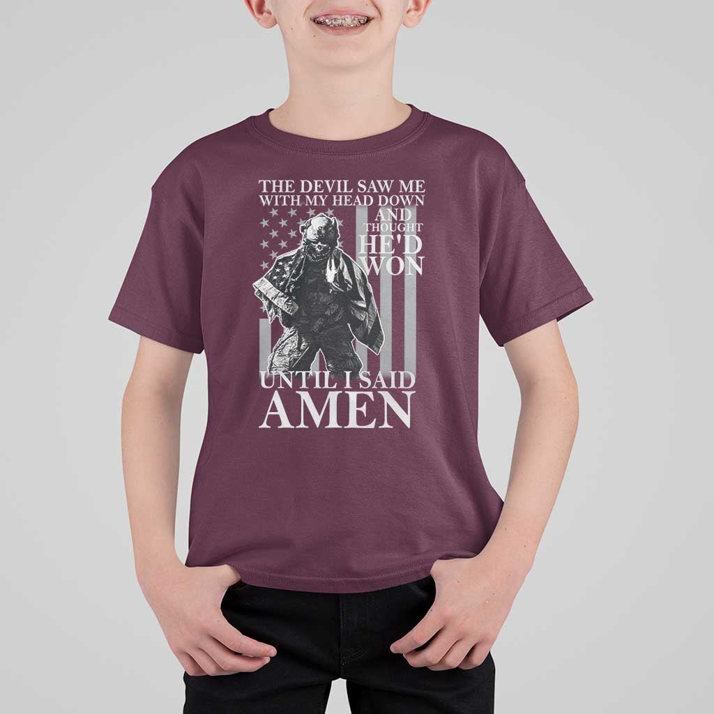 Military Soldier Skull Christian Faith T Shirt For Kid The Devil Saw Me With My Head Down And Thought He'd Won