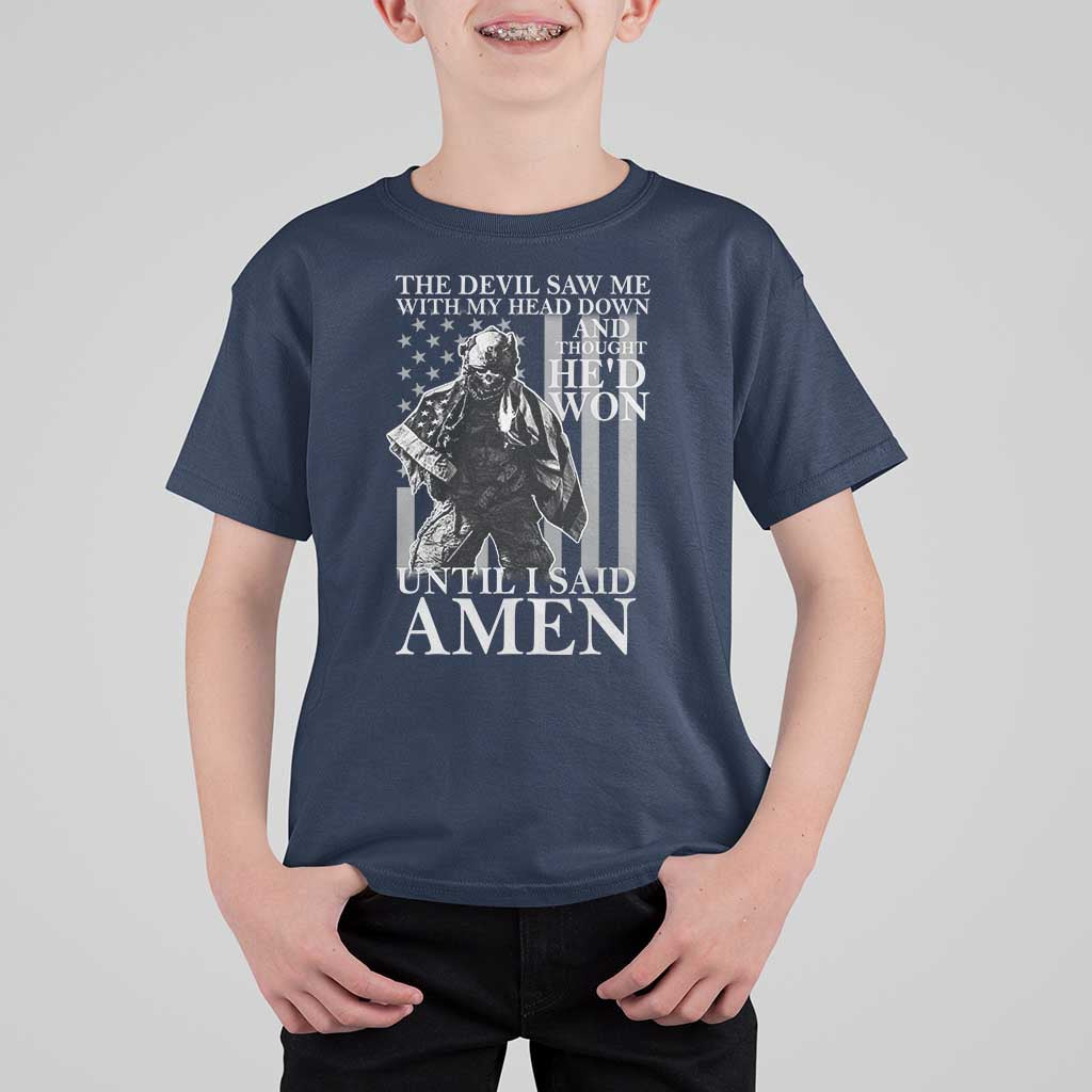 Military Soldier Skull Christian Faith T Shirt For Kid The Devil Saw Me With My Head Down And Thought He'd Won