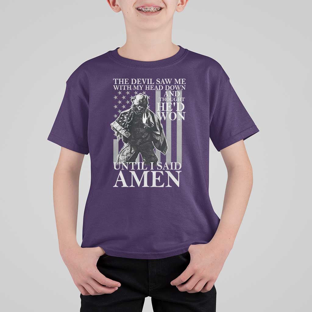 Military Soldier Skull Christian Faith T Shirt For Kid The Devil Saw Me With My Head Down And Thought He'd Won
