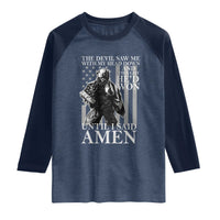 Military Soldier Skull Christian Faith Raglan Shirt The Devil Saw Me With My Head Down And Thought He'd Won