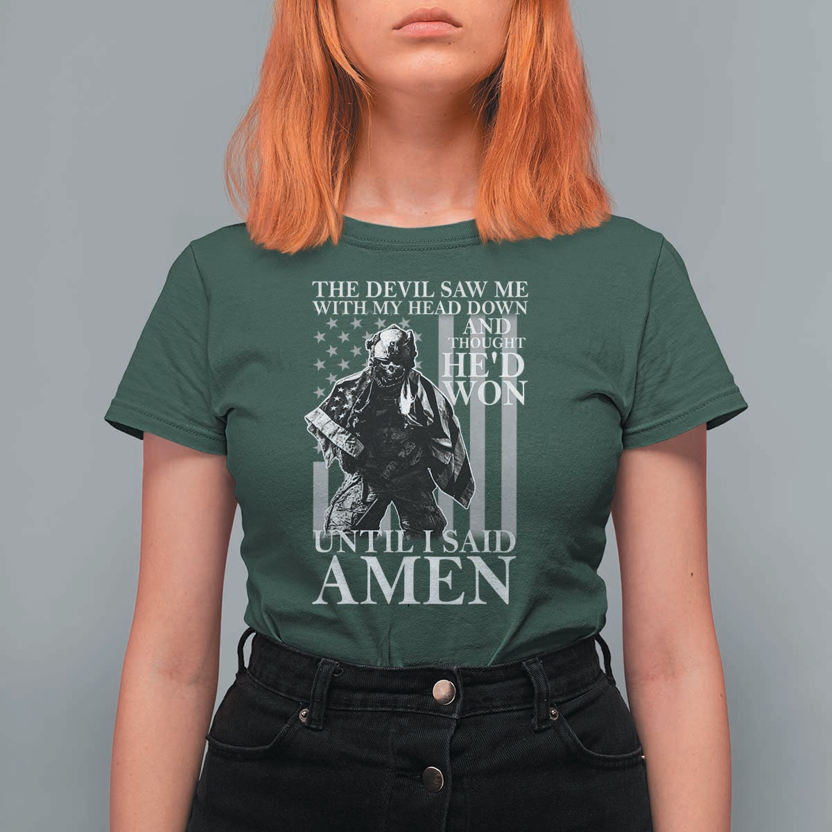Military Soldier Skull Christian Faith T Shirt For Women The Devil Saw Me With My Head Down And Thought He'd Won
