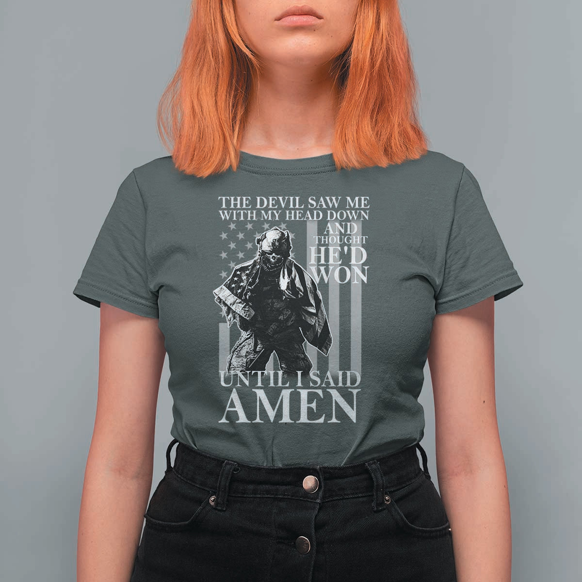 Military Soldier Skull Christian Faith T Shirt For Women The Devil Saw Me With My Head Down And Thought He'd Won