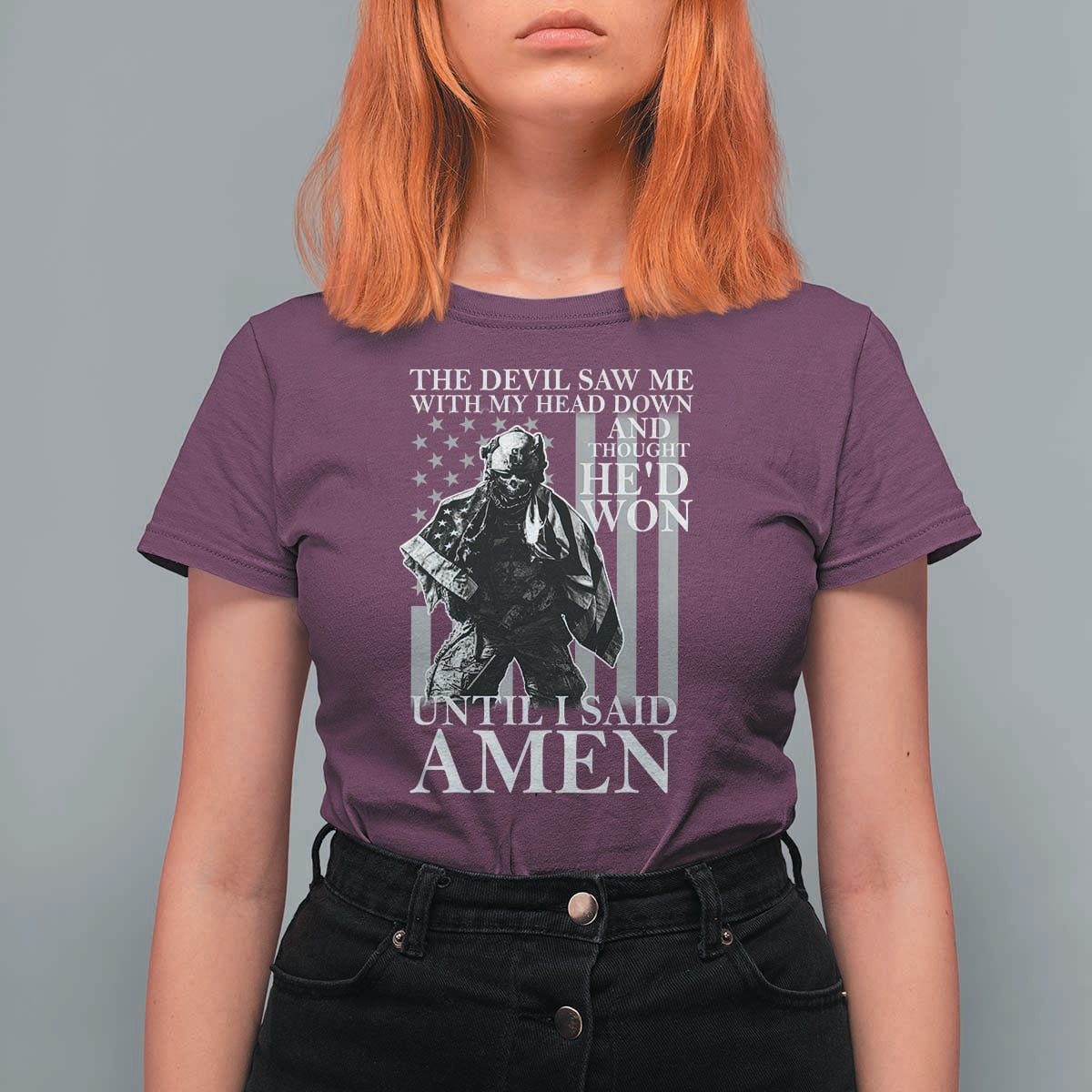 Military Soldier Skull Christian Faith T Shirt For Women The Devil Saw Me With My Head Down And Thought He'd Won