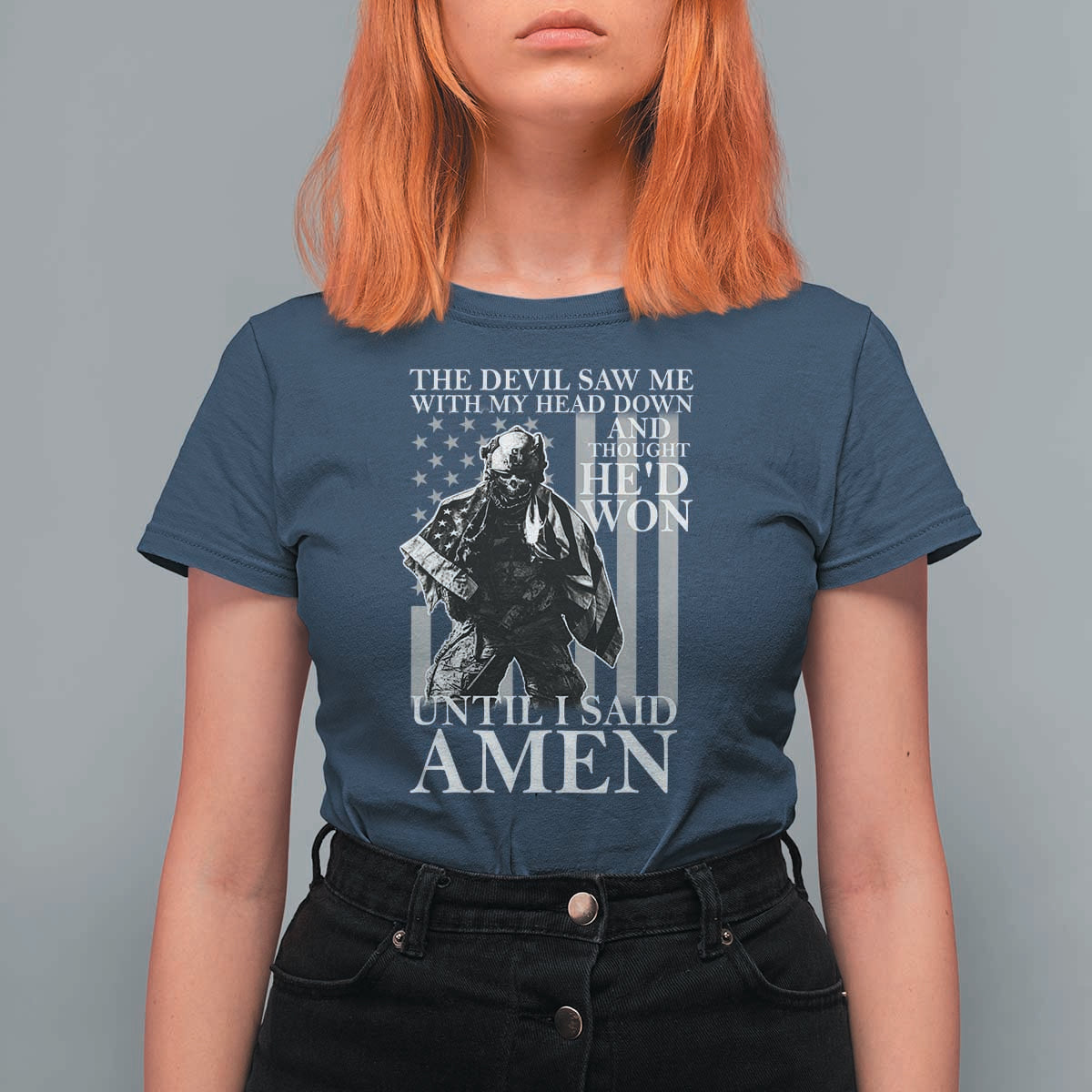 Military Soldier Skull Christian Faith T Shirt For Women The Devil Saw Me With My Head Down And Thought He'd Won