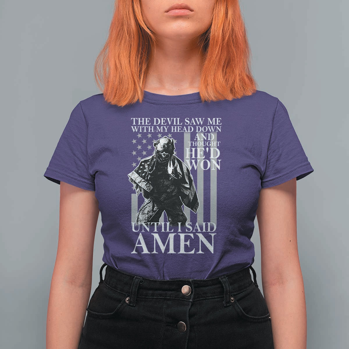 Military Soldier Skull Christian Faith T Shirt For Women The Devil Saw Me With My Head Down And Thought He'd Won