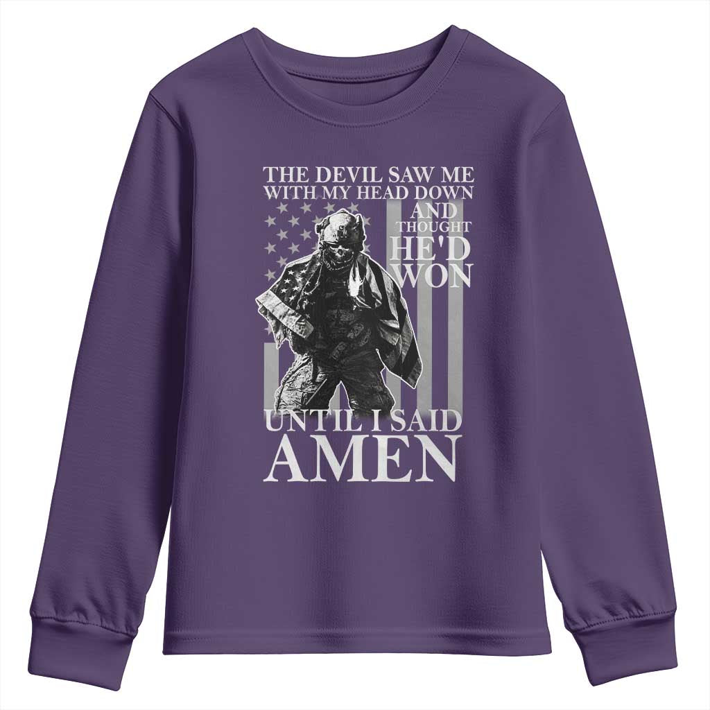 Military Soldier Skull Christian Faith Youth Sweatshirt The Devil Saw Me With My Head Down And Thought He'd Won