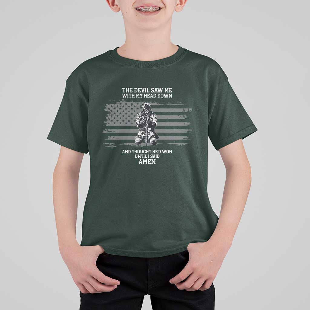 Soldier Skull Christian Faith Quote T Shirt For Kid The Devil Saw Me With My Head Down And Thought He'd Won