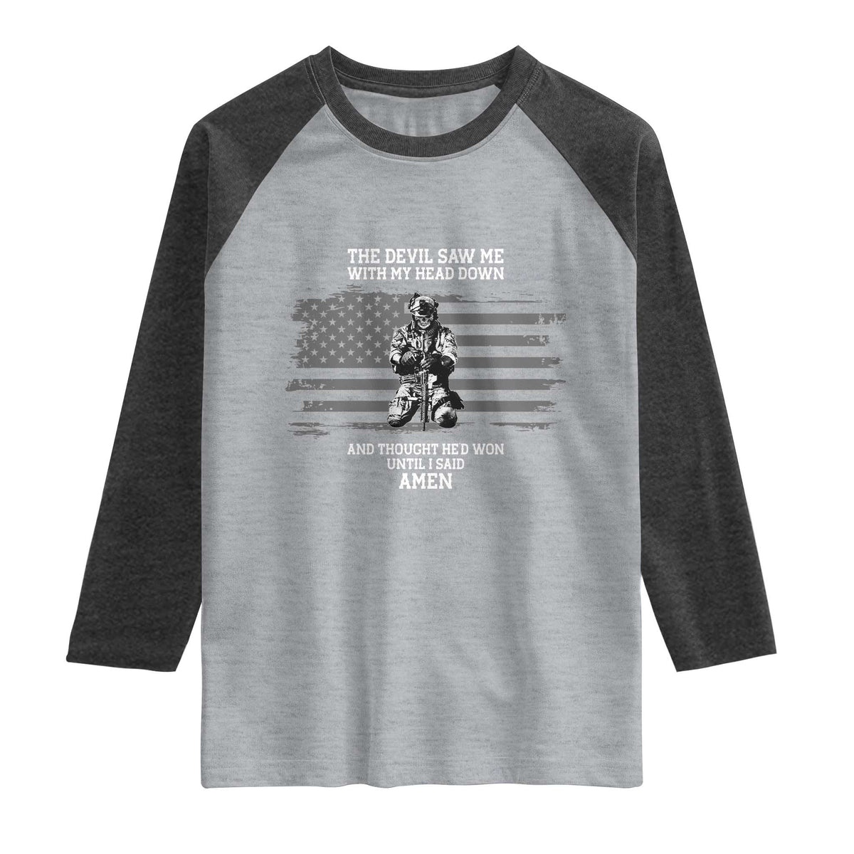 Soldier Skull Christian Faith Quote Raglan Shirt The Devil Saw Me With My Head Down And Thought He'd Won