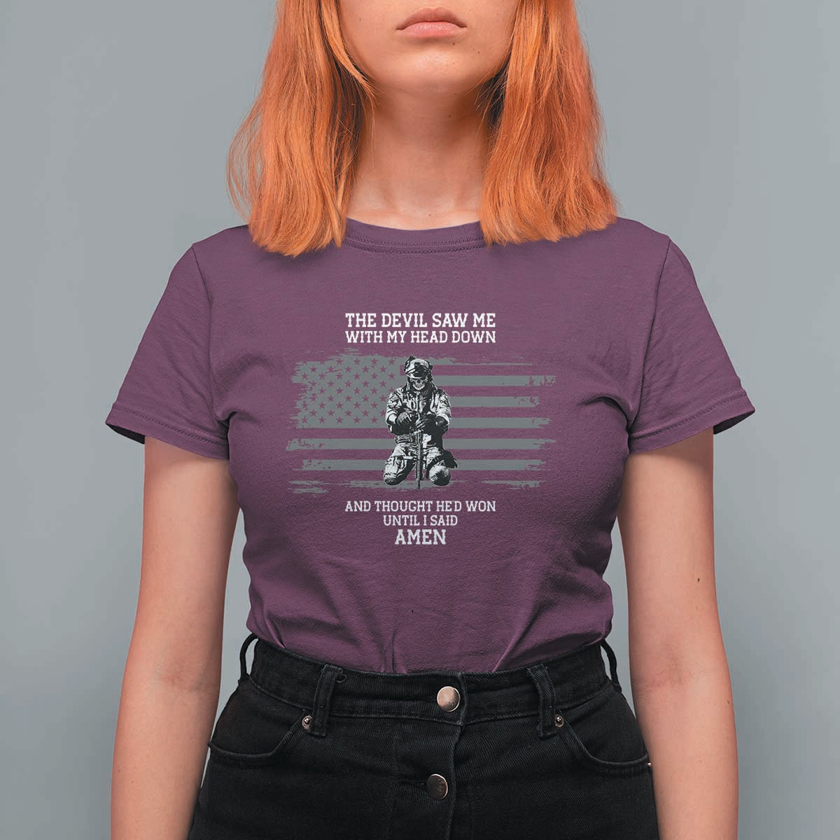Soldier Skull Christian Faith Quote T Shirt For Women The Devil Saw Me With My Head Down And Thought He'd Won