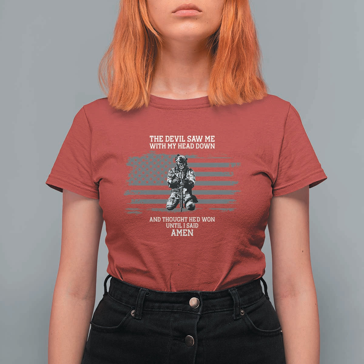 Soldier Skull Christian Faith Quote T Shirt For Women The Devil Saw Me With My Head Down And Thought He'd Won