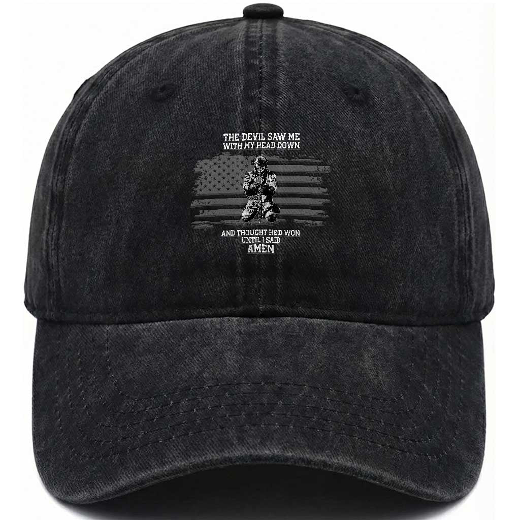Soldier Skull Christian Faith Quote Washed Cotton Baseball Cap The Devil Saw Me With My Head Down And Thought He'd Won