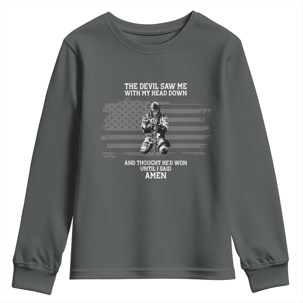 Soldier Skull Christian Faith Quote Youth Sweatshirt The Devil Saw Me With My Head Down And Thought He'd Won