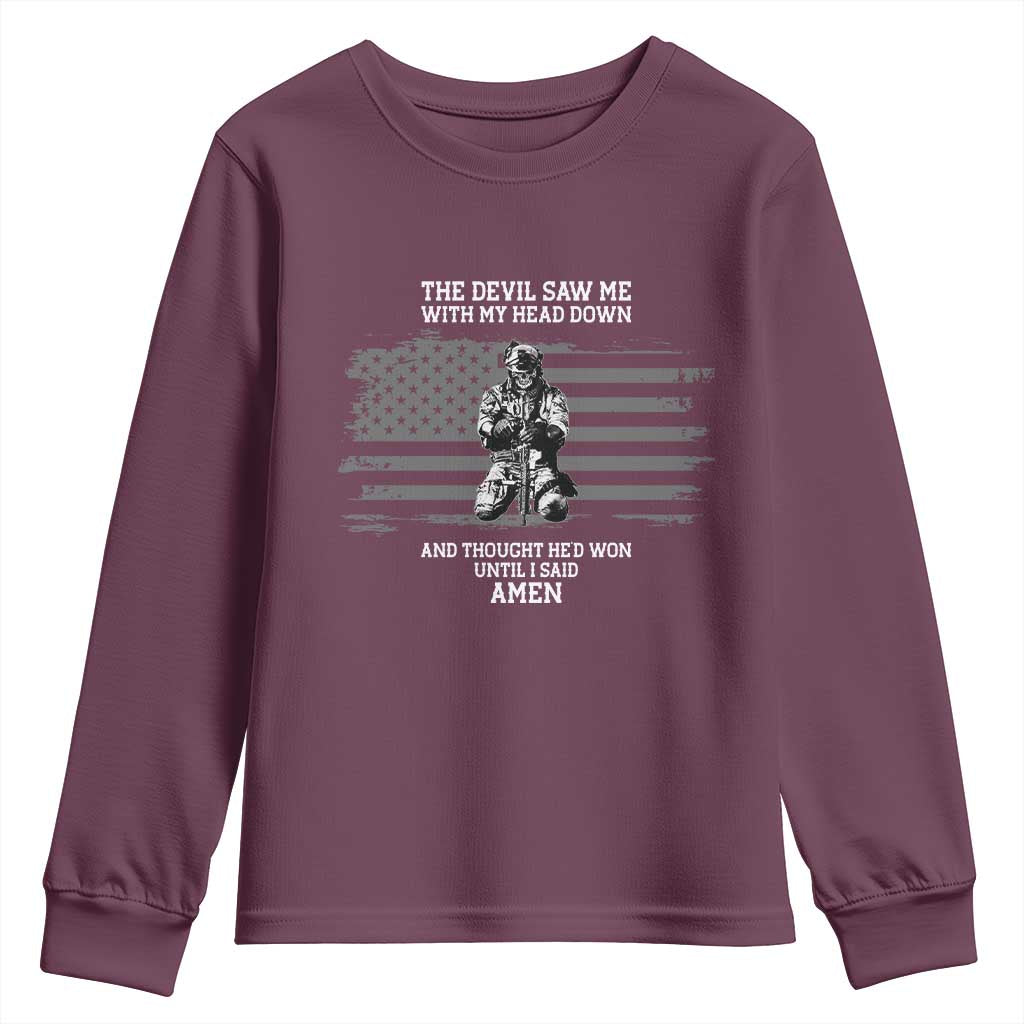 Soldier Skull Christian Faith Quote Youth Sweatshirt The Devil Saw Me With My Head Down And Thought He'd Won
