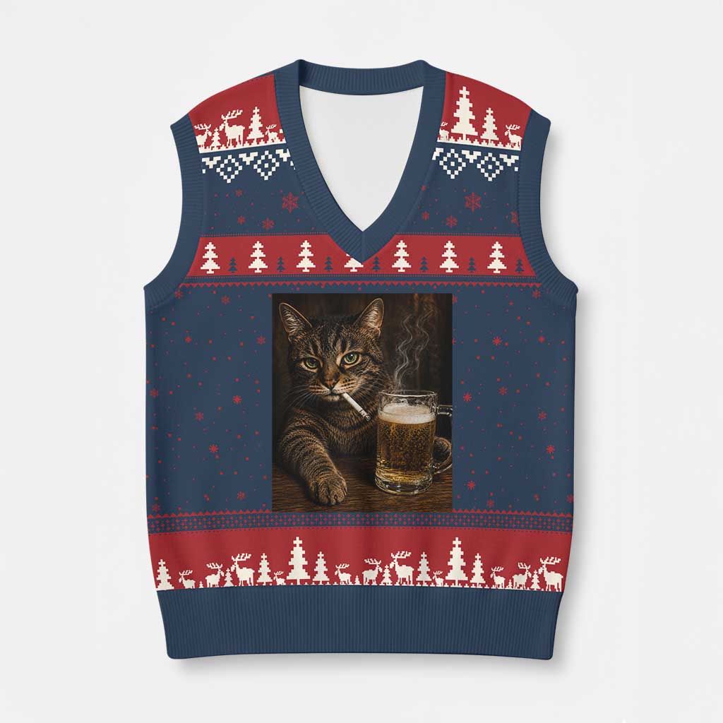 Funny Smoking Cat V-Neck Knit Sweater Vest Cigarette Kitty Beer Lover