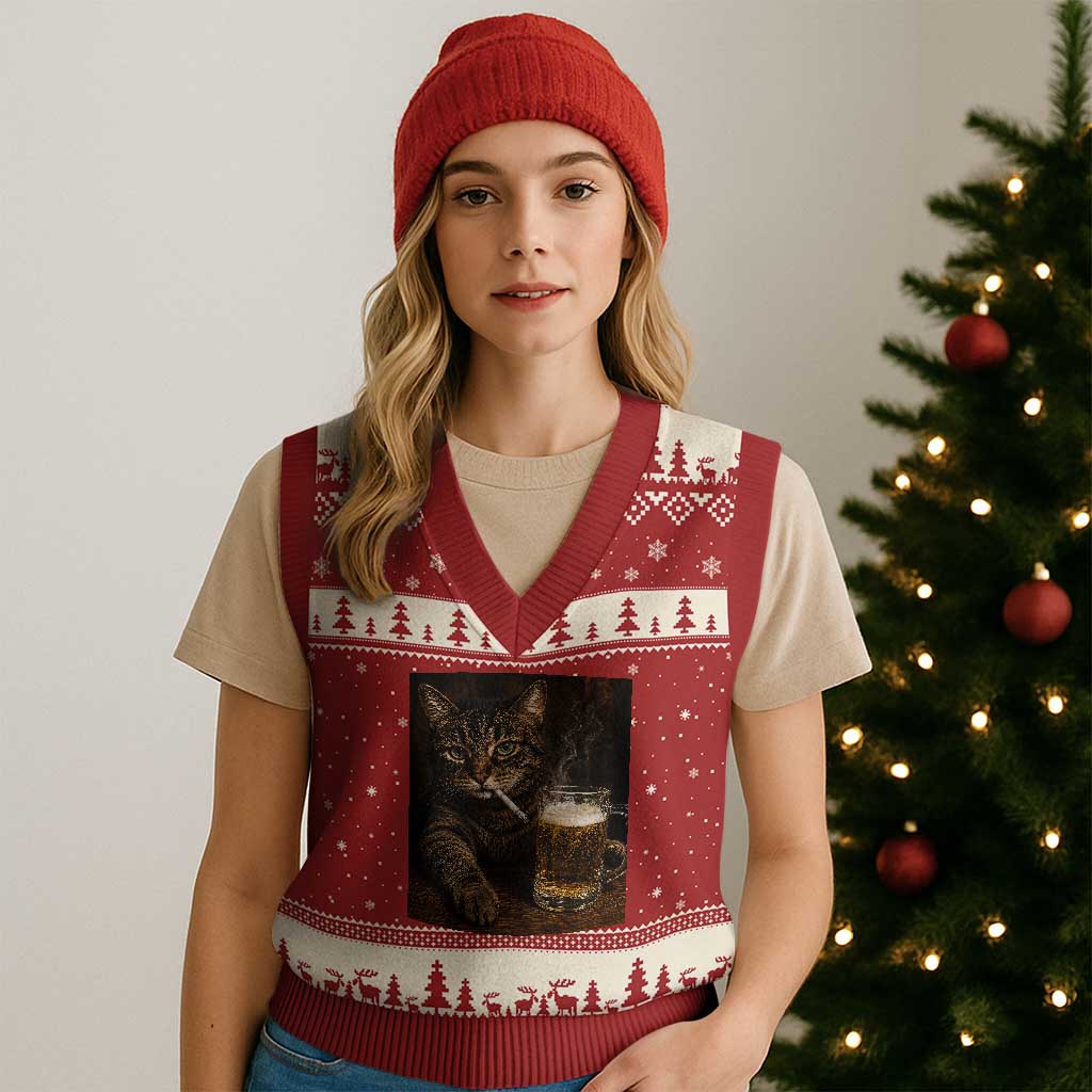 Funny Smoking Cat V-Neck Knit Sweater Vest Cigarette Kitty Beer Lover