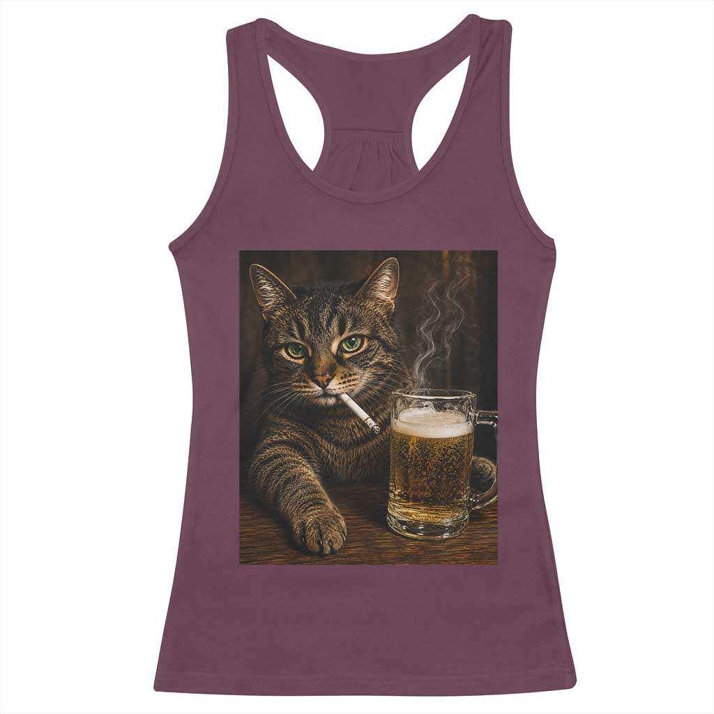 Funny Smoking Cat Racerback Tank Top Cigarette Kitty Beer Lover