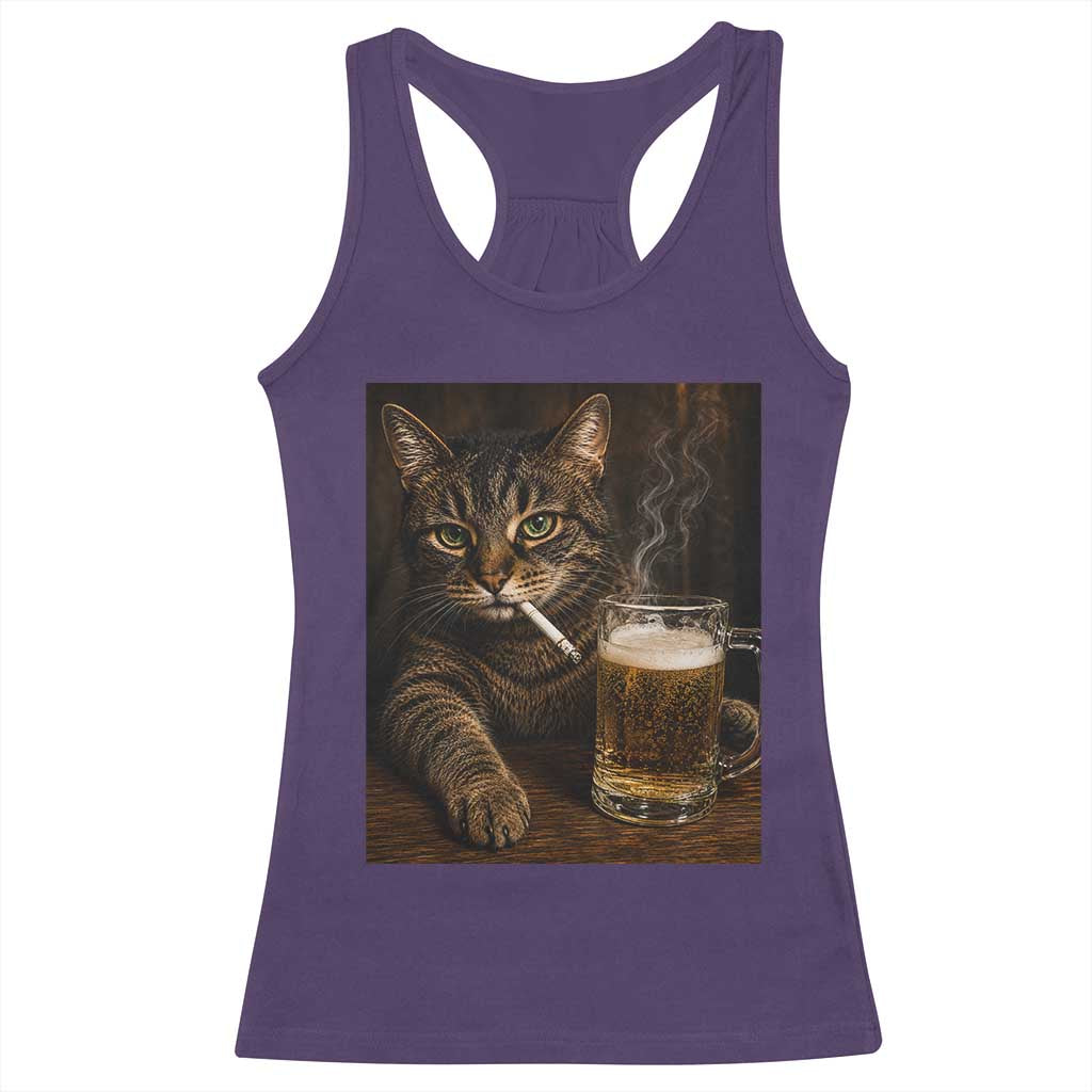 Funny Smoking Cat Racerback Tank Top Cigarette Kitty Beer Lover