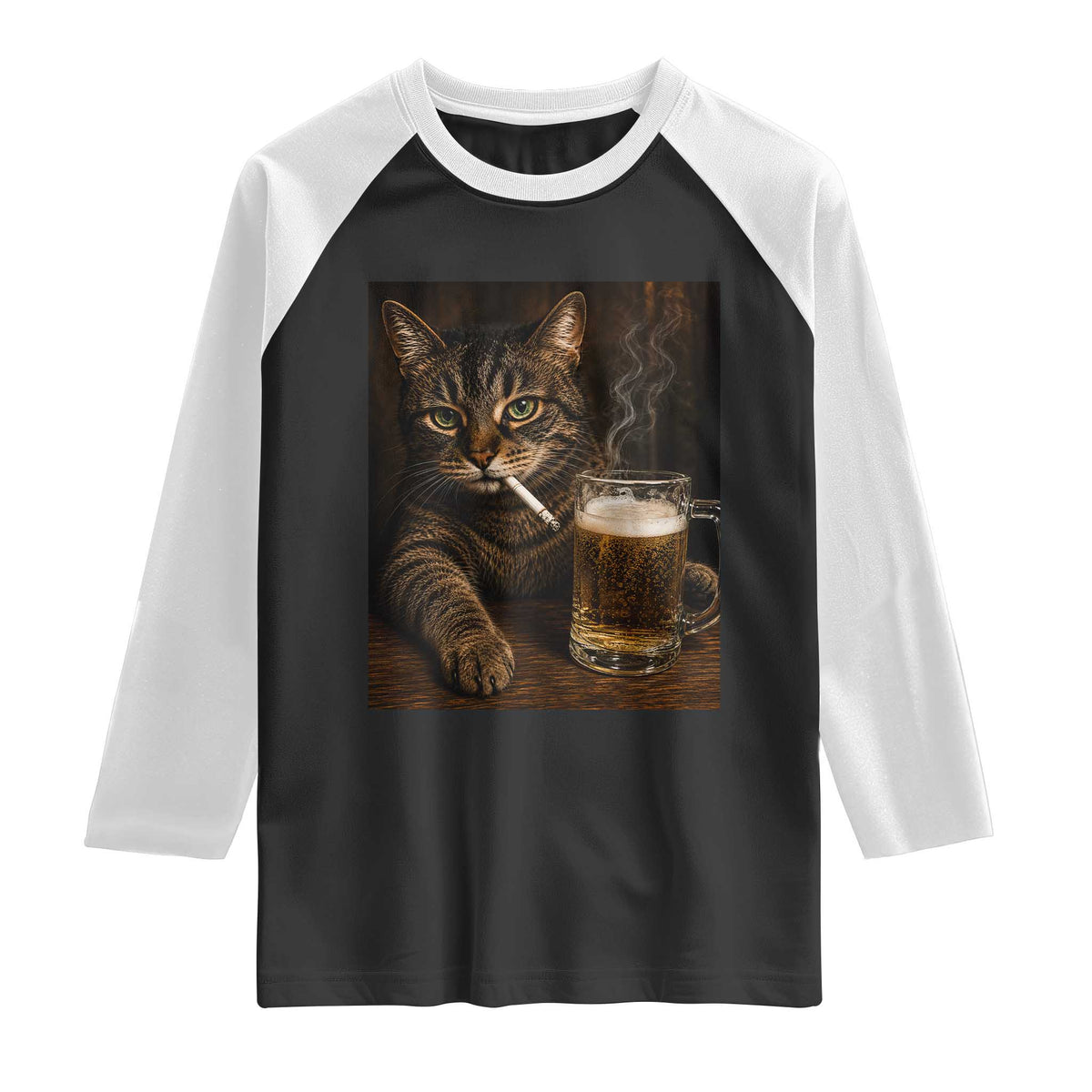 Funny Smoking Cat Raglan Shirt Cigarette Kitty Beer Lover