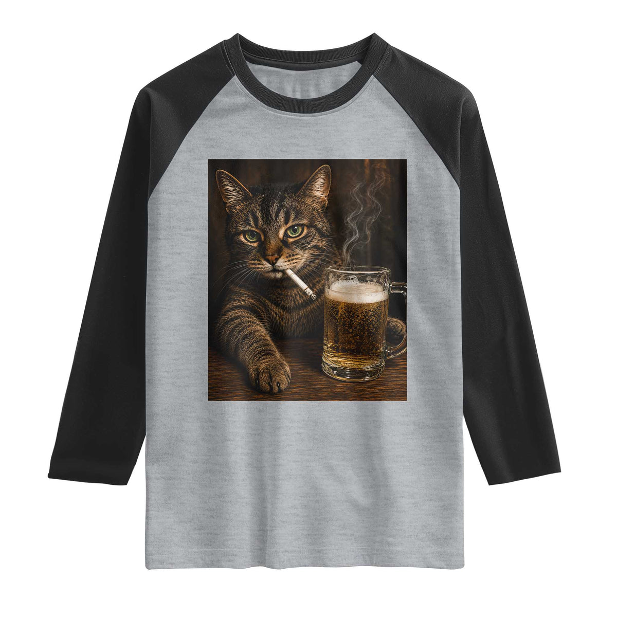 Funny Smoking Cat Raglan Shirt Cigarette Kitty Beer Lover