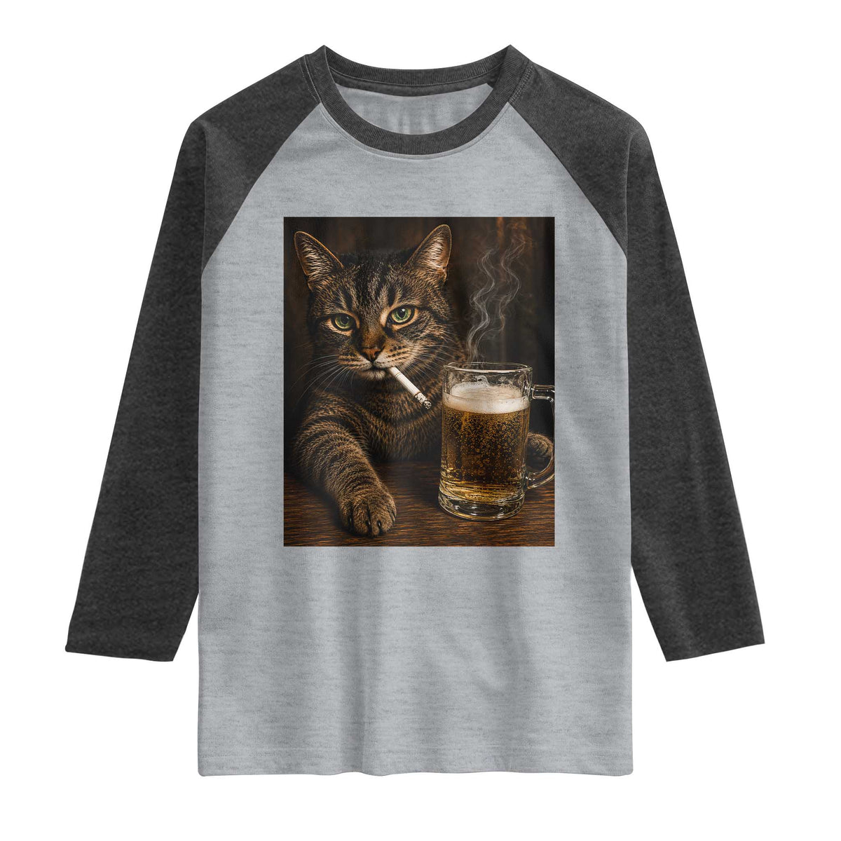Funny Smoking Cat Raglan Shirt Cigarette Kitty Beer Lover