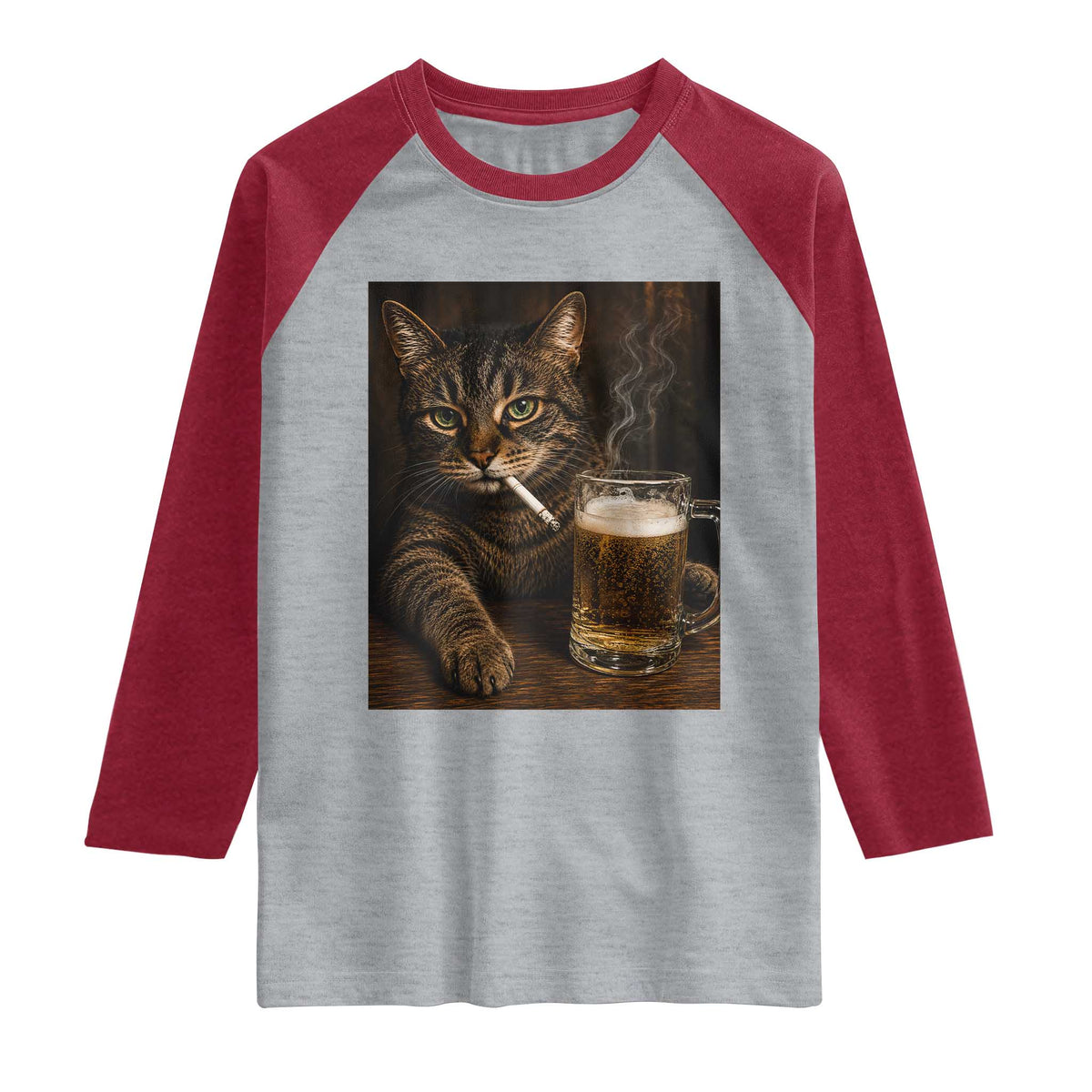 Funny Smoking Cat Raglan Shirt Cigarette Kitty Beer Lover