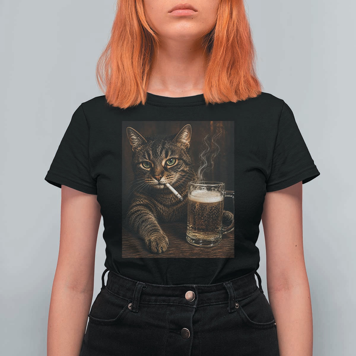 Funny Smoking Cat T Shirt For Women Cigarette Kitty Beer Lover